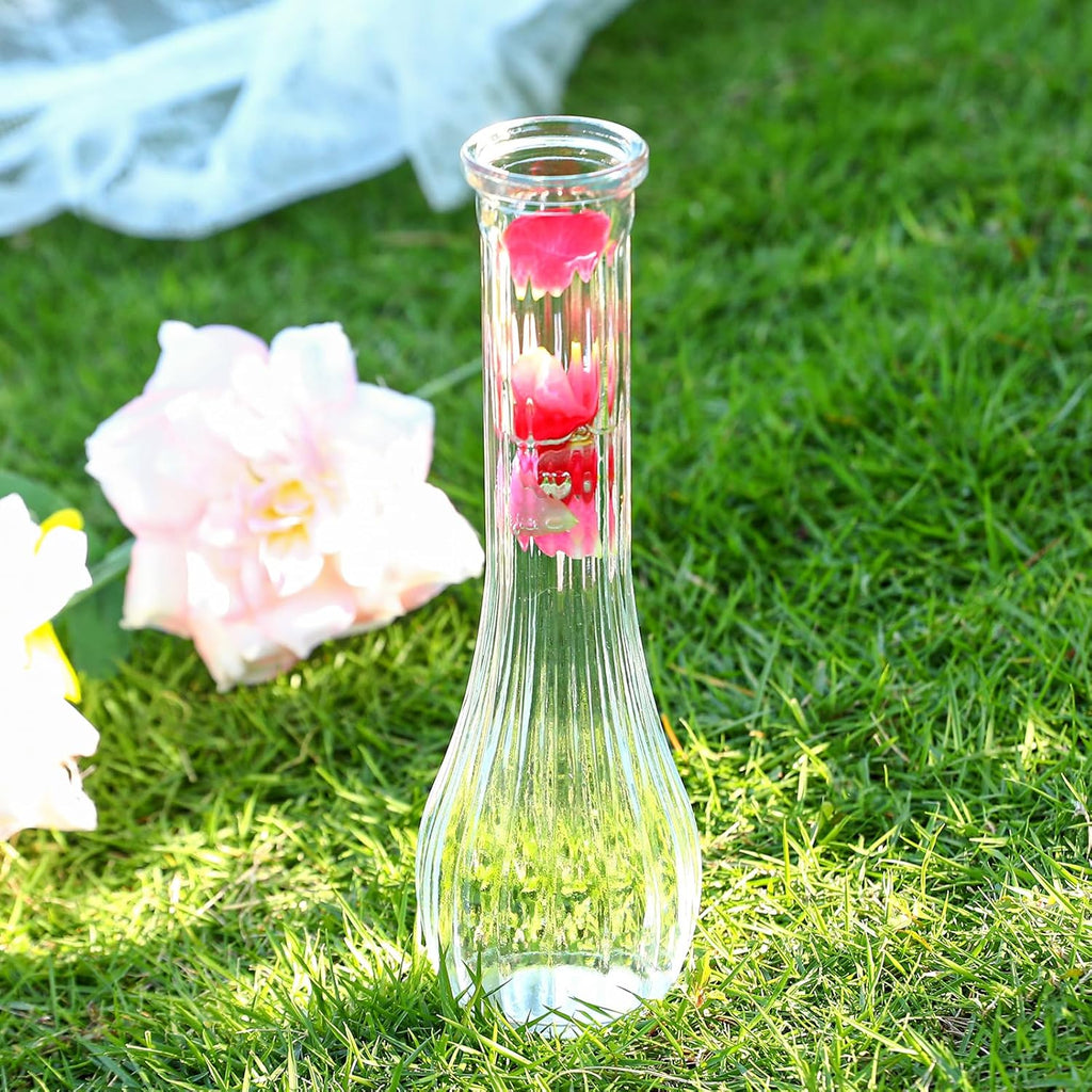 Glass Bud Vases for Centerpiece,12 Pcs Small Clear Ribbed Flower Vases for Weddings, Parties, Home Decor (8.5" Tall, Bulk Set) - Minimalist Table Vase for Roses, Pampas Grass, DIY Arrangements