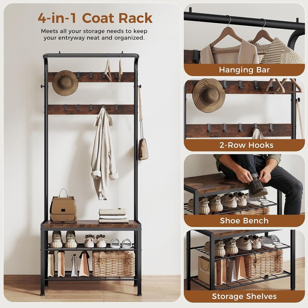 Hall Tree with Bench and Shoe Storage, 4-in-1 Entryway Organizer with 10 Hooks and Storage Shelf,Coat Rack Freestanding with 2-Tier Storage Shelf for Living Room, Bedroom Rustic