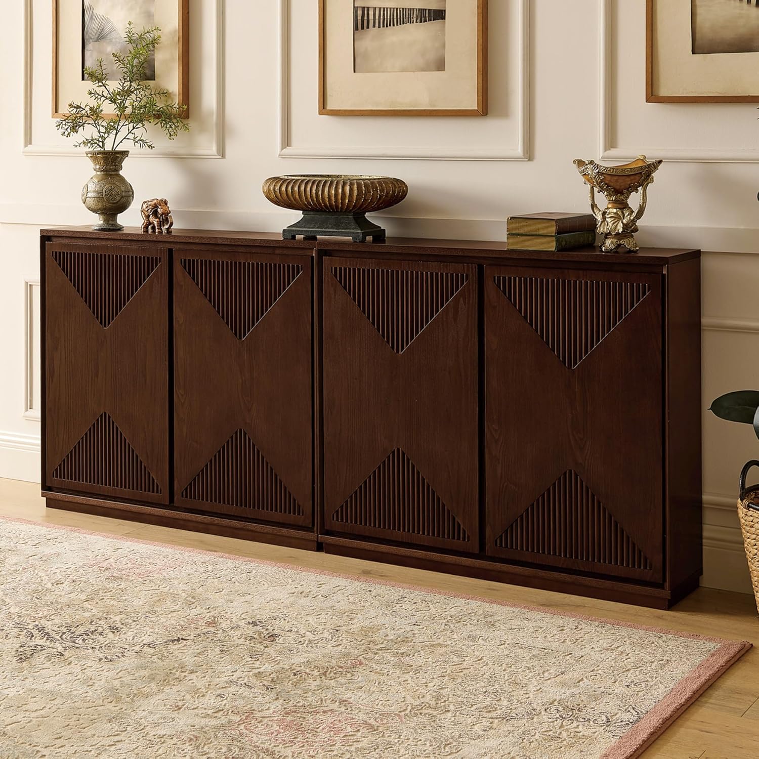 LKTART Mid Century Modern Sideboard Buffet Storage Cabinet with Doors and Shelves,Wood Coffee Bar Storage Cabinets for Kitchen, Dining Room, Living Room-Dark Walnut