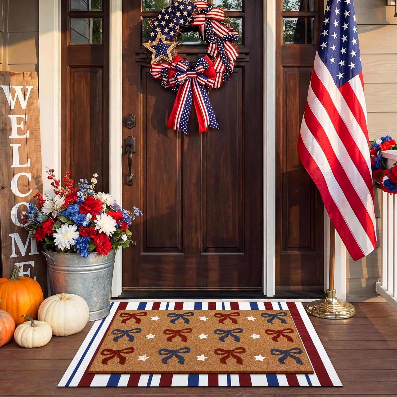 Tinideya 2 Pcs Independence Day Door Mat Patriotic Welcome Non Slip Coir Mats 4th of July Bow Star Floor Layering Doormats Seasonal for Front Porch Entryway Decor(Bow)
