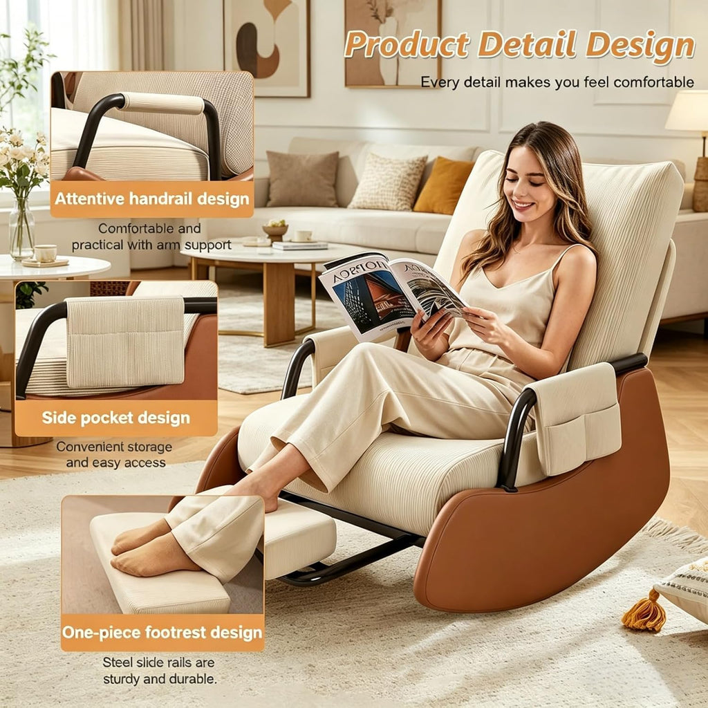 Rocking Chair Nursery with Foot Rest, Comfortable Upholstered Recliner Rocker with Side Pocket and Adjustable High Backrest, Soft Corduroy Modren Rocking Chair Living Room Bedroom, Beige