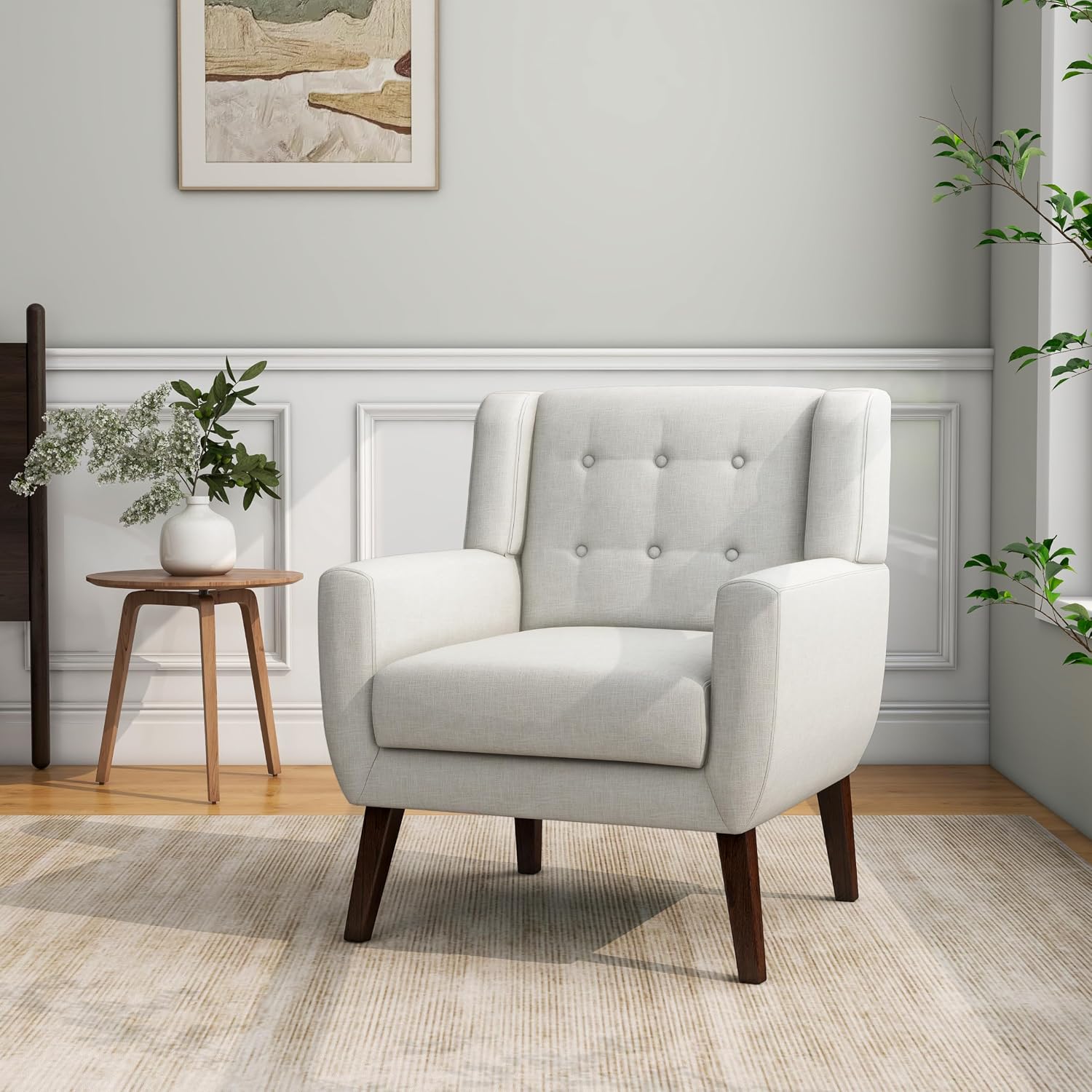 Accent Chair Set of 1, Comfy Reading Armchair, Beige | Linen Blend, Tufted Button Backrest, Solid Wood Frame, Upholstered Club Single Sofa Chairs, For Living Room & Bedroom
