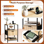 Bonnlo Fluted Nightstand Set of 2, End Table with Fabric Drawer with Charging Station, Night Stand with Storage Shelf & Hook, Fluted Side Table for Bedroom/Living Room,Oak