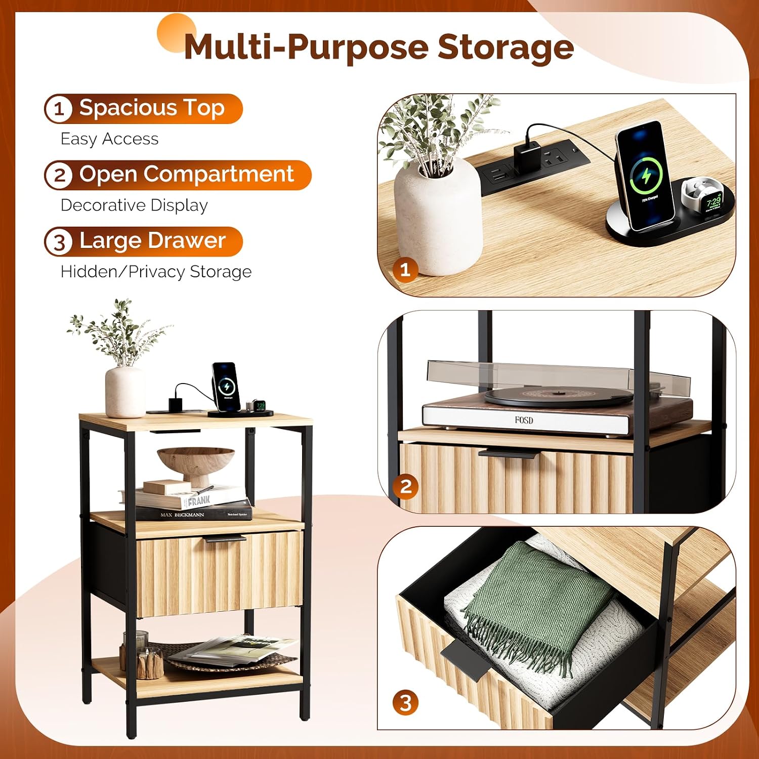 Bonnlo Fluted Nightstand Set of 2, End Table with Fabric Drawer with Charging Station, Night Stand with Storage Shelf & Hook, Fluted Side Table for Bedroom/Living Room,Oak