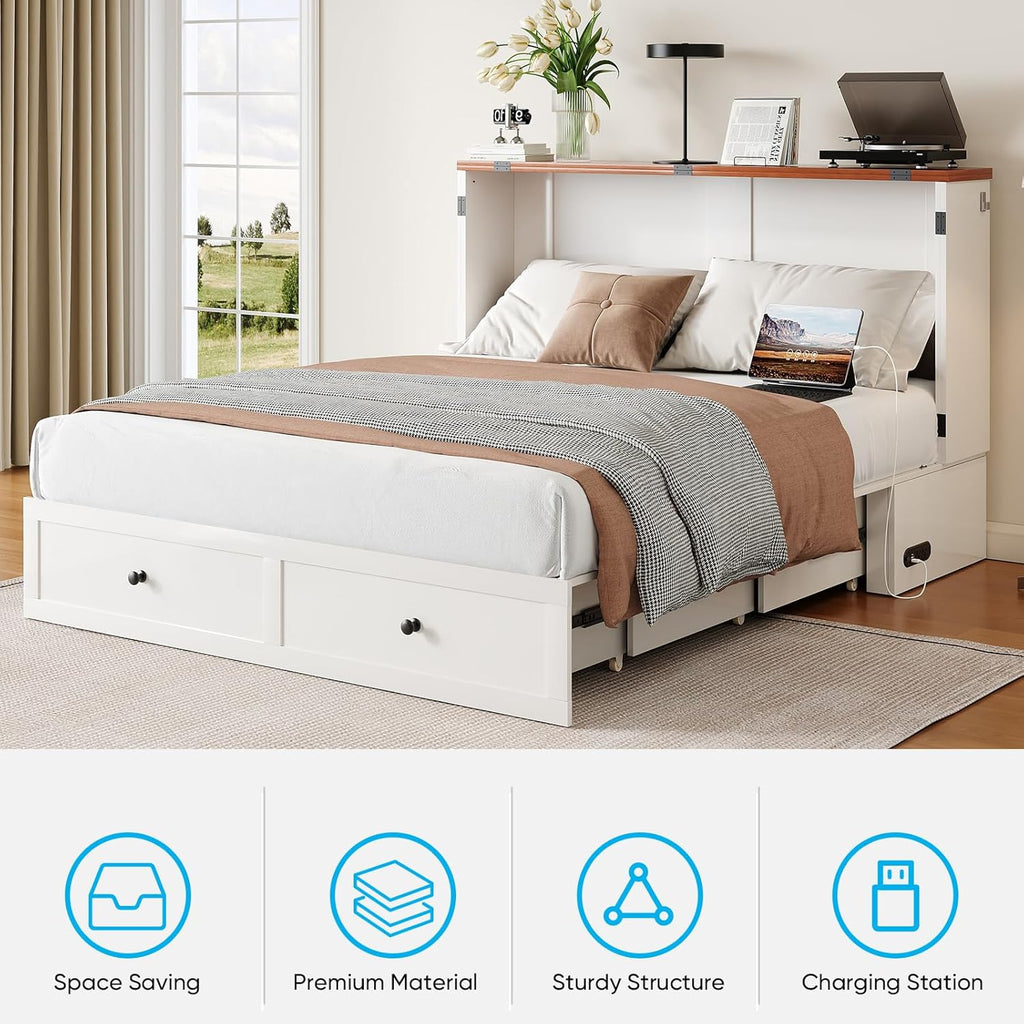 Mjkone 57" W Full Murphy Cabinet Bed, Full Size Murphy Bed with Storage Drawers, Cabinet Beds with USB Charging Station for Small Space, Guest Room, Bedroom, Office, White