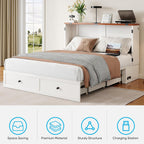 Mjkone Full Murphy Bed Cabinet with Tri-Folding Mattress, Distressed Wooden 57" W Cabinets Wall Chest Beds with Built-in Charging Station & Storage Drawer for Office Guest Bedroom Living Room, White