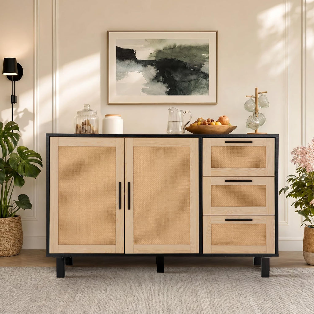 GREEN PARTY 47" Black Rattan Sideboard Buffet Cabinet, Coffee Bar Cabinet with Storage, 3 Drawers and 2 Doors, Modern Kitchen Storage Cabinet for Dining Room, Entryway