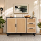 GREEN PARTY 47" Black Rattan Sideboard Buffet Cabinet, Coffee Bar Cabinet with Storage, 3 Drawers and 2 Doors, Modern Kitchen Storage Cabinet for Dining Room, Entryway