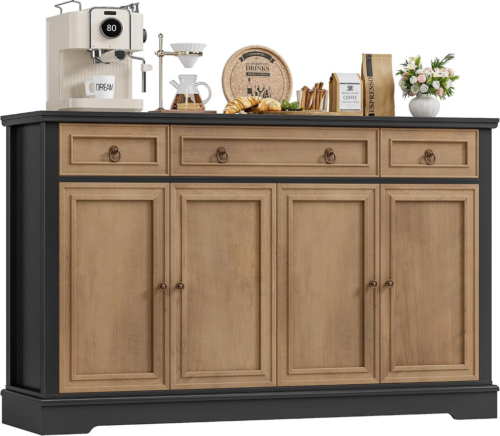 FINETONES Buffet Cabinet with Storage, 52.7" Large Sideboard Buffet Table, Kitchen Cabinet with 3 Drawers and 4 Doors, Wood Coffee Bar for Kitchen Dining Room, Black/Brown