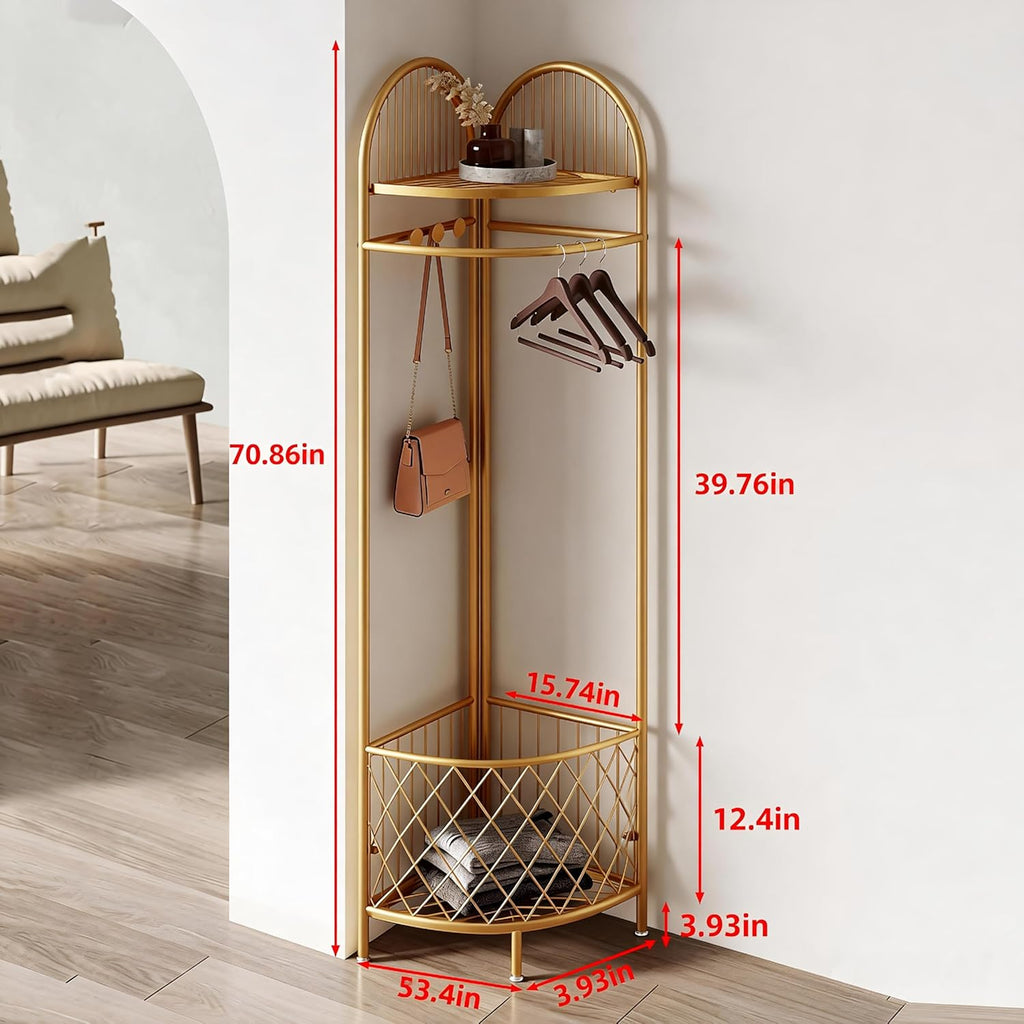 HKaikzo Corner Coat Rack, Gold Clothes Rack with 6 Metal Movable Hooks and Storage Basket Hall Tree Design Clothing Rack for Bedroom Entryway Hallway