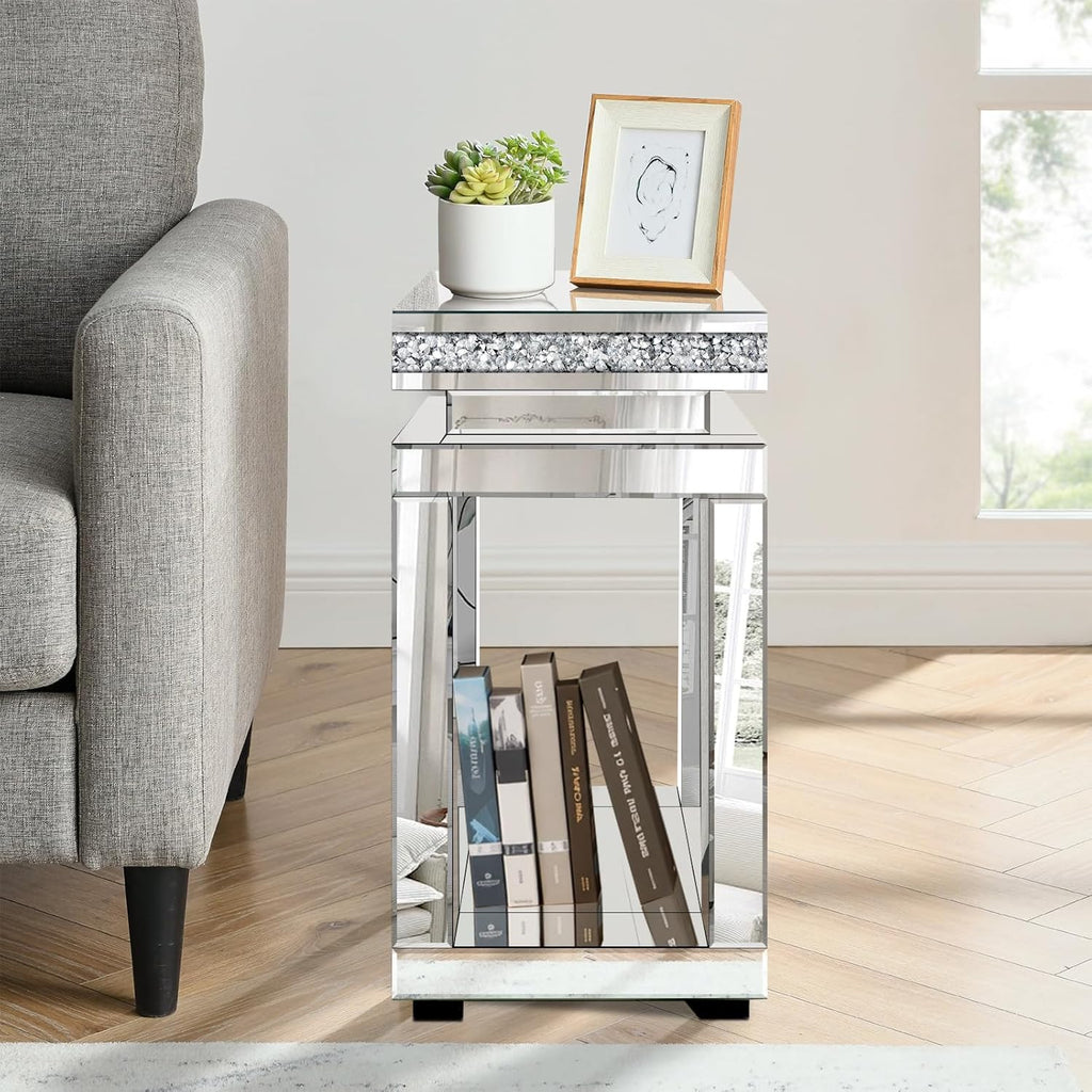Silver Mirrored End Table, Modern Crushed Diamond Accent Tables, Small Side Coffee Table for Living Room, Bedroom, 11.8"x11.8"x23.6"