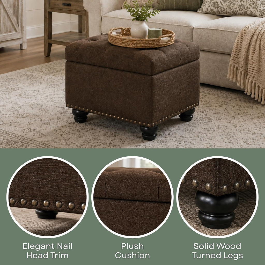 Convenience Concepts Designs4Comfort 5th Avenue Ottoman 24" - Modern Upholstered Footstool & Seat with Hinged Lid & Storage, for Living Room, Bedroom, & Entryway, Medium Brown Fabric
