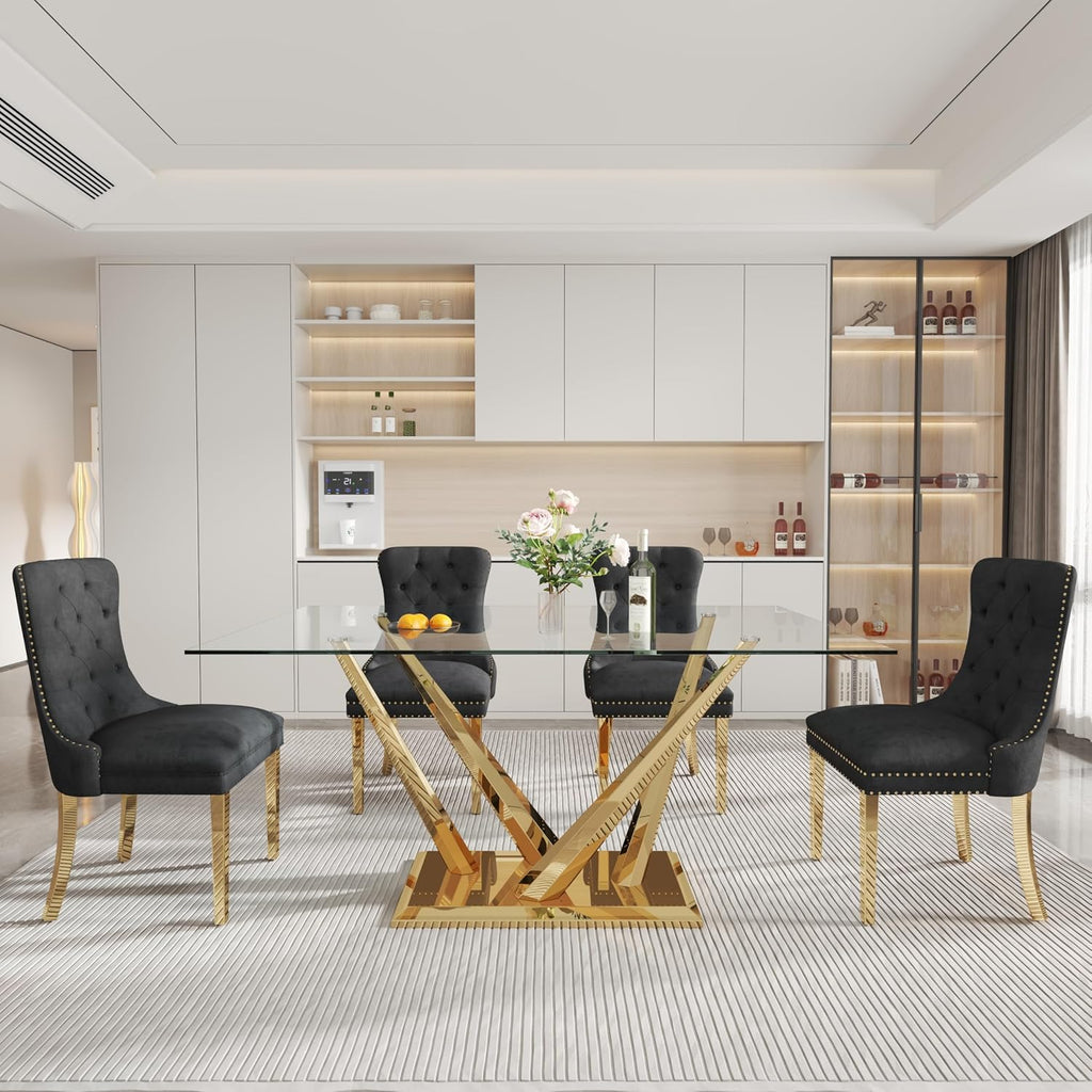 Rectangle Glass Dining Table for 4-6, 62" with Tempered Glass Table Top and Crossed Stainless Steel Base, Modern Kitchen Table for Home, Kitchen, Dining Room, Gold