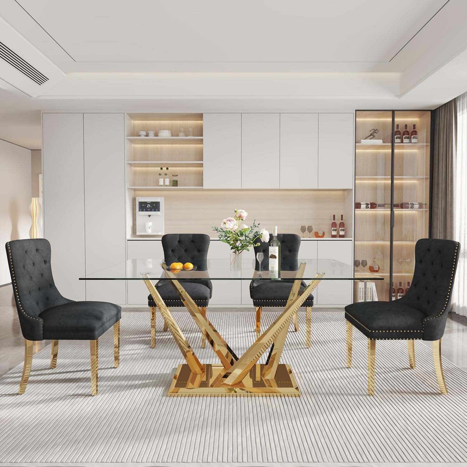 Rectangle Glass Dining Table for 4-6, 62" with Tempered Glass Table Top and Crossed Stainless Steel Base, Modern Kitchen Table for Home, Kitchen, Dining Room, Gold