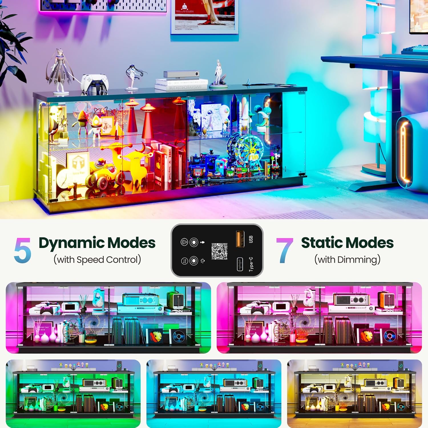 Lvifur 59" W Large Display Case - with Glass Door,Glass Display Cabinet with RGB Lights for Collectibles,Lighted Cuiro Cabinet with Motion Sensor Light,Charging Station,China Cabinets,Black