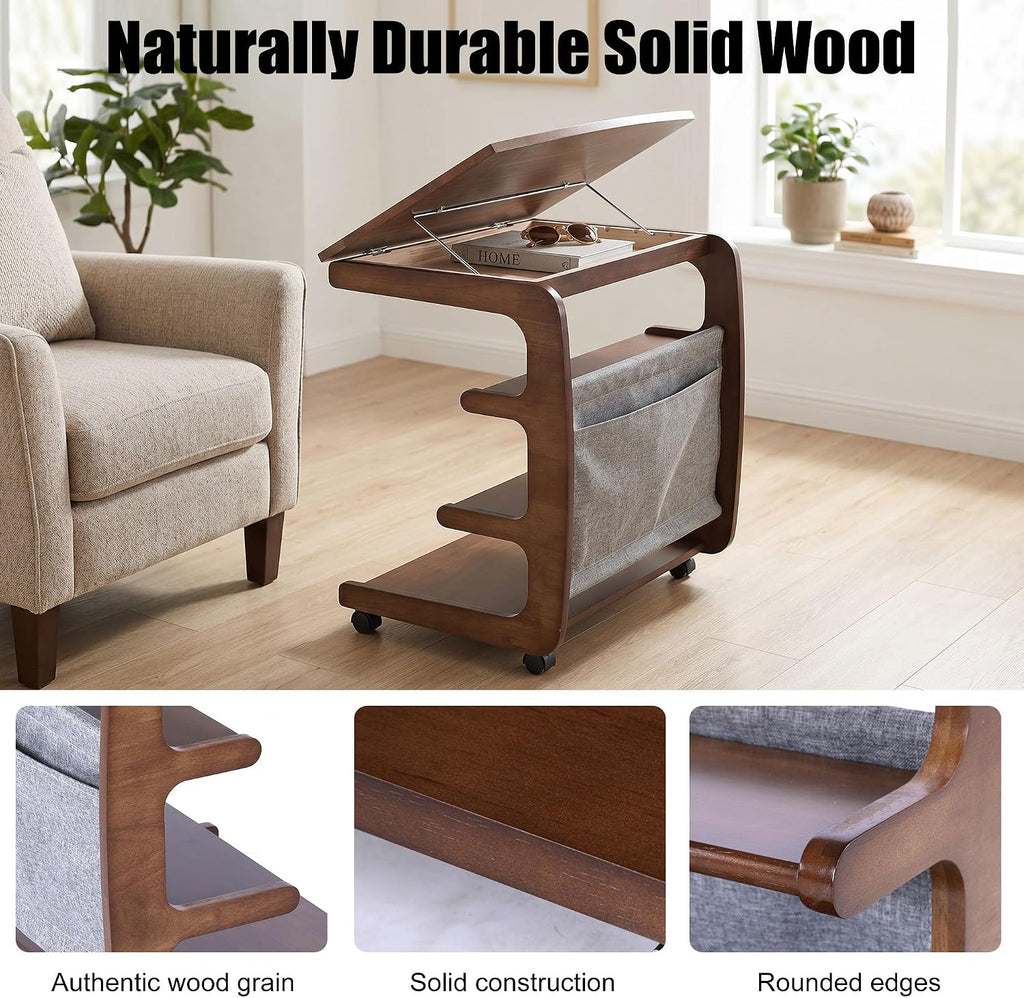 100% Solid Wood C Shaped End Table with Swivel Wheels, Lift Top Couch Table with Storage, Rolling Table that Slide Under Sofa & Bed, 15.75" D x 23.62" W x 24.8" H