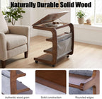 100% Solid Wood C Shaped End Table with Swivel Wheels, Lift Top Couch Table with Storage, Rolling Table that Slide Under Sofa & Bed, 15.75" D x 23.62" W x 24.8" H