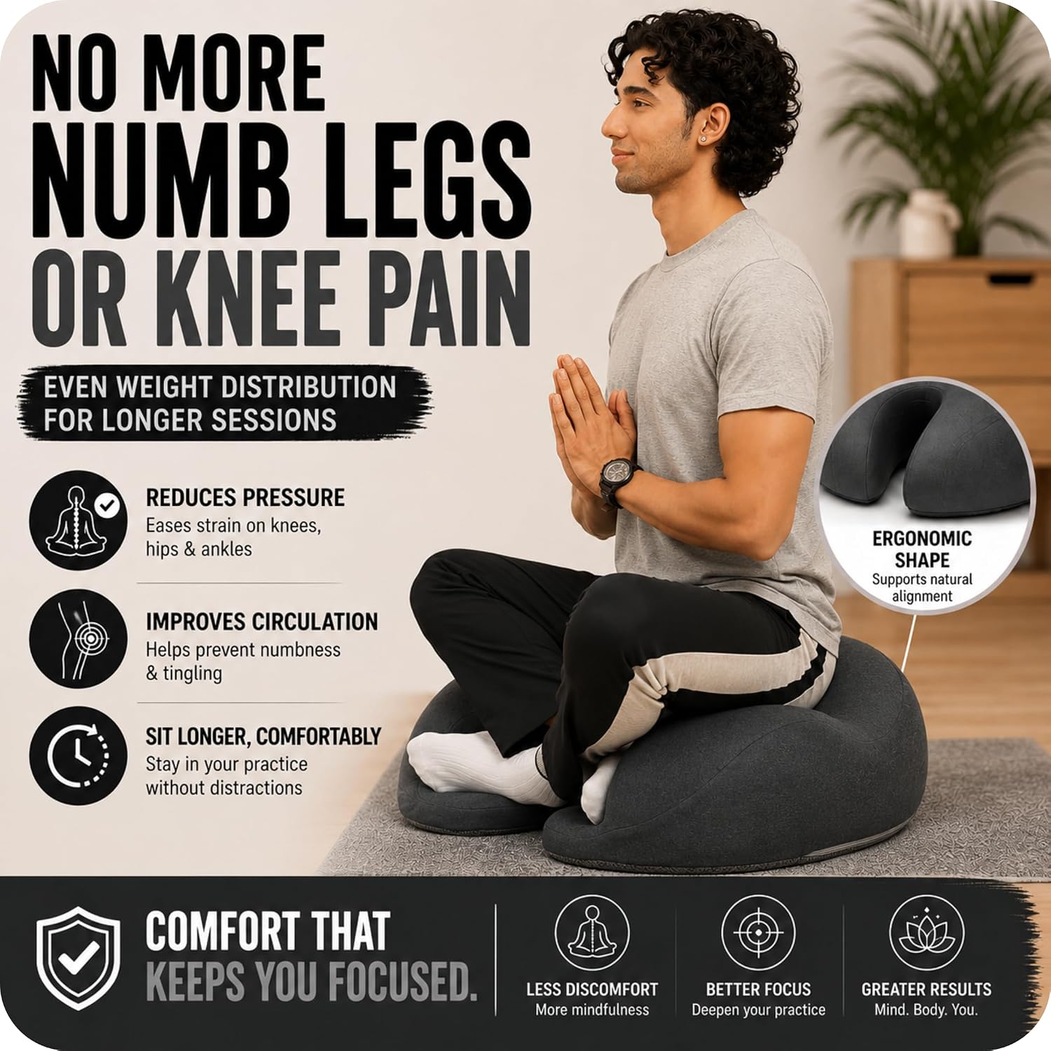 AetherForm Orthopedic Meditation Cushion – Three-Point Ergonomic Floor Seat with Tailbone Relief & Contoured Support for Mindful Sitting, Yoga, and Relaxation (Black, Large)
