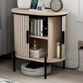 CANMOV Mid Century Modern Side Table,Oval Nightstand with Charging Station & Storage,Fluted Bedside Table with Sliding Doors,End Table for Small Space,Living Room, Bedroom,Kitchen,Oak