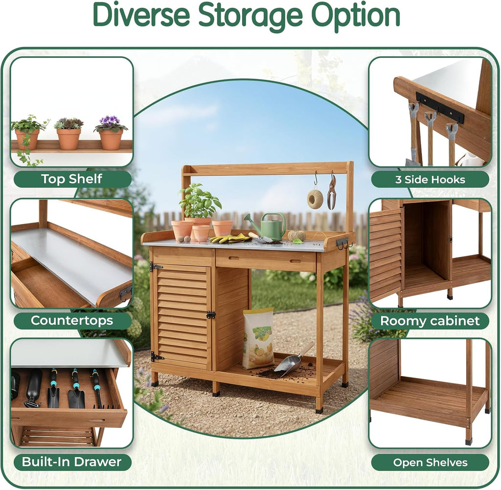 Potting Bench Table Work Bench with Storage Cabinet Outdoor Wooden Garden Workstation with Metal Tabletop/Drawer/Hooks/Open Shelf(41" LX 12.5" W X 49.2" H)
