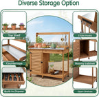 Potting Bench Table Work Bench with Storage Cabinet Outdoor Wooden Garden Workstation with Metal Tabletop/Drawer/Hooks/Open Shelf(41" LX 12.5" W X 49.2" H)