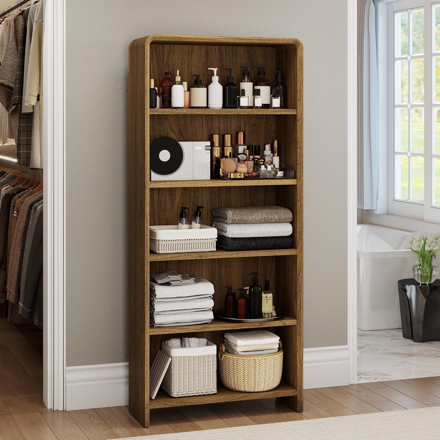 Bevfint 71" Bookcase Tall 5 Shelves Wood Bookshelf with Curved Soft Edges, Heavy Duty Modern Storage Cabinet for Professional Home Office and Living Room, Walnut Grain Finish