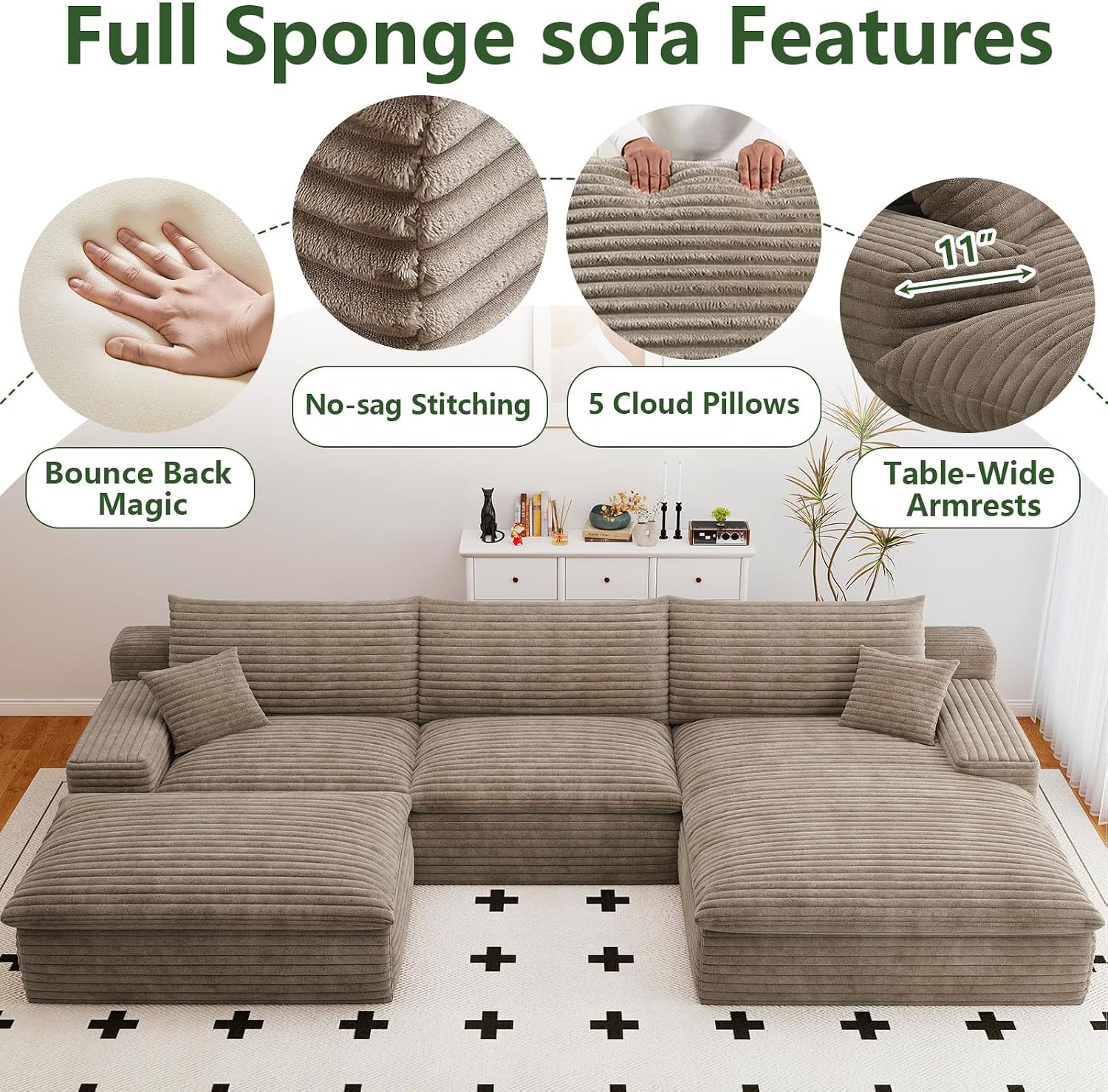 107" Cloud Couch Modular Sectional Sofa for Living Room, U-Shape Boneless Couch with Deep Seat, Modern Corduroy 3-Seater with Ottoman, No Assembly Required (Camel,Right-Facing Chaise)
