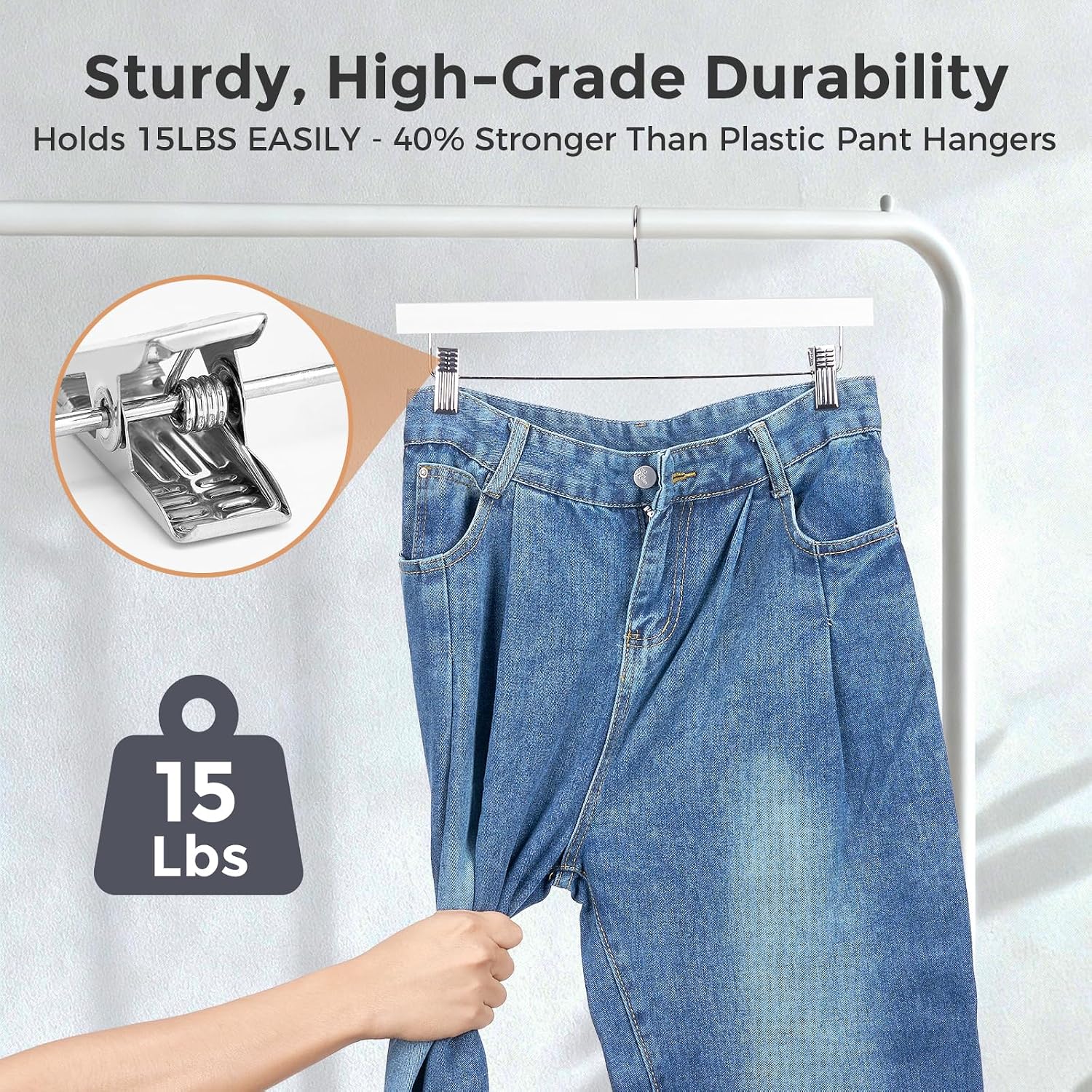 HOUSE DAY Premium Wooden Pants Skirts Hangers, Solid Wood Trousers Bottom Hanger with 2-Adjustable Clips, Clip Hangers for Slacks, Jeans, Shorts (White, Pack of 50)