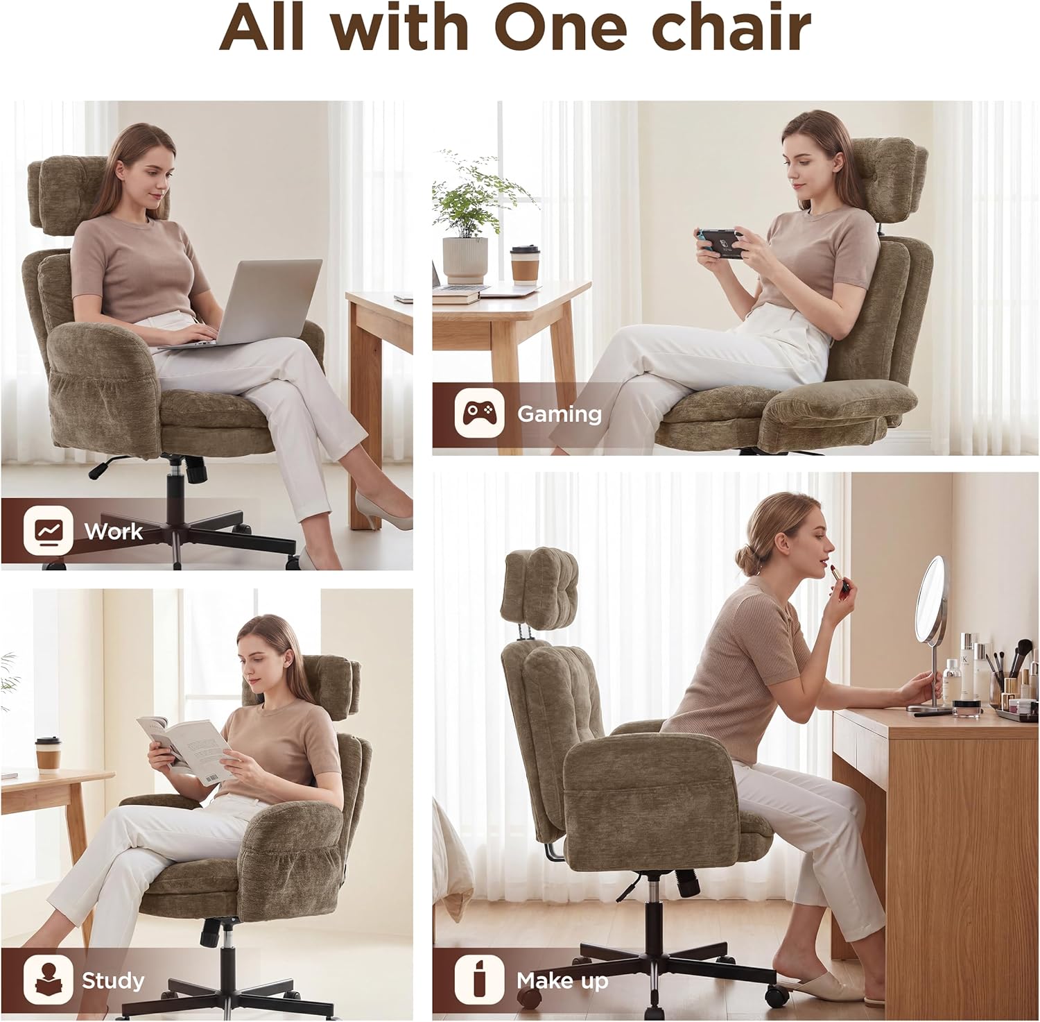 FiveWillowise Criss Cross Chair with Adjustable Arms&Hight Back,Thicken Wide Seat Home Office Chair,Lounge Makeup Vanity Chairs with Side Pockets,Comfy Cross Legged Desk Chair,Chenille Brown