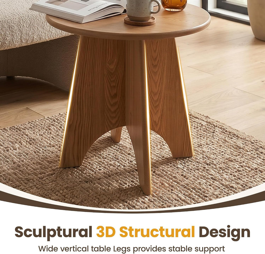 Round Side Table with Unique Panel Leg Design, Sturdy Nightstand for Bedroom, Compact End Table for Living Room, Small Space Accent Table for Couch & Chair (Natural)