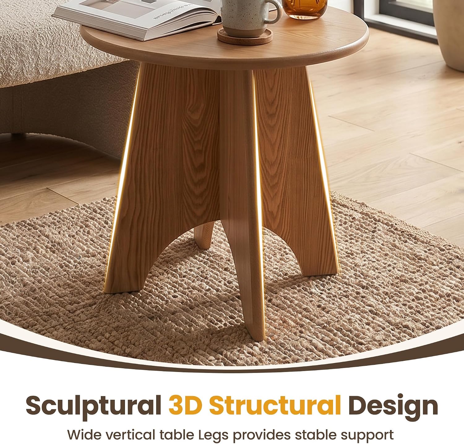 Round Side Table with Unique Panel Leg Design, Sturdy Nightstand for Bedroom, Compact End Table for Living Room, Small Space Accent Table for Couch & Chair (Natural)