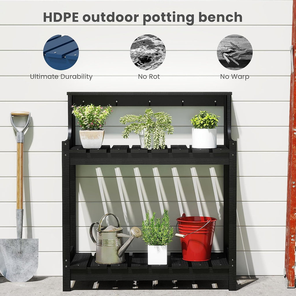 Domi Potting Benches for Outside, HDPE Garden Potting Table All Weather, Outdoor Potting Table with Storage for Patio, Backyard, Garden, Black