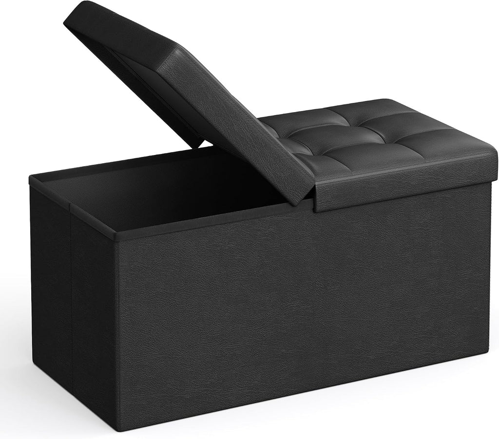 SONGMICS MAZIE Collection - 30 Inches Storage Ottoman Bench with Flipping Lid, Storage Chest Footstool, Load 660 lb, for Entryway, Living Room, Bedroom, Synthetic Leather, Black ULSF45BK