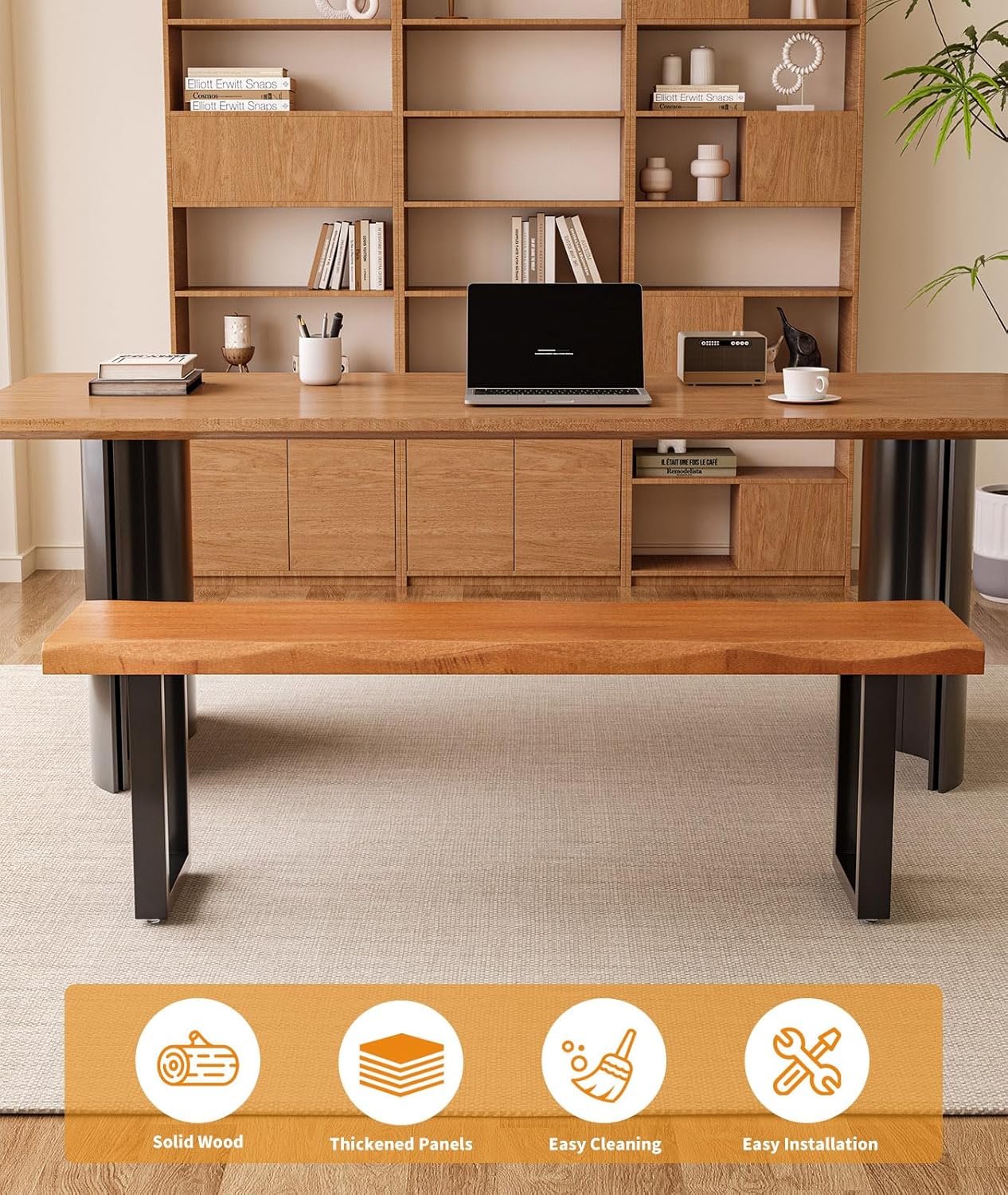 Modern Rustic Solid Wood Bench with Black Metal Legs, Industrial Farmhouse Style, Natural Wood Finish