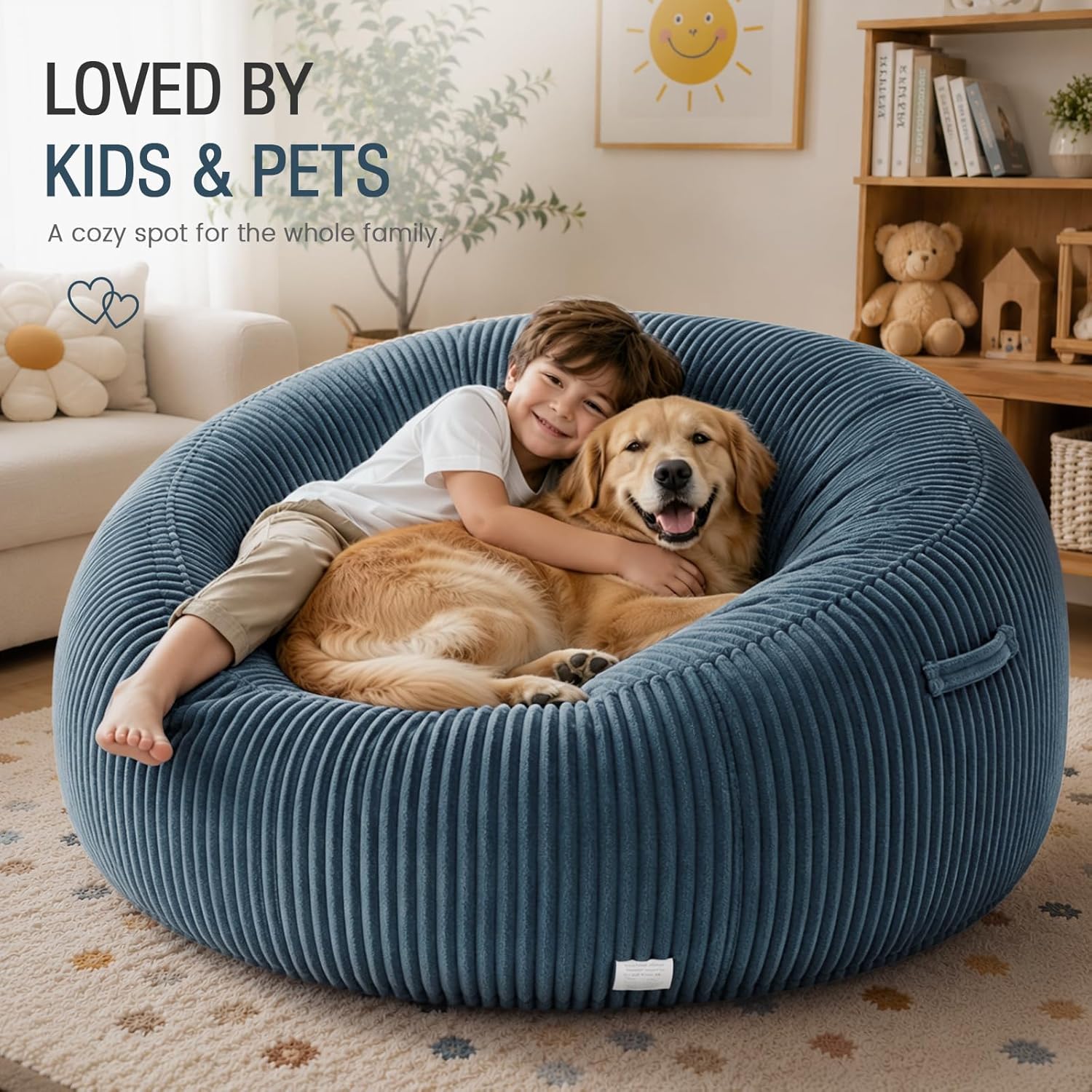 4FT Bean Bag Chairs for Adults, Large Memory Foam Beanbags with Machine-Washable Wide Stripe Plush Cover Bean Bag Chair for Living Room Bedroom Dorm Office- Dusty Blue