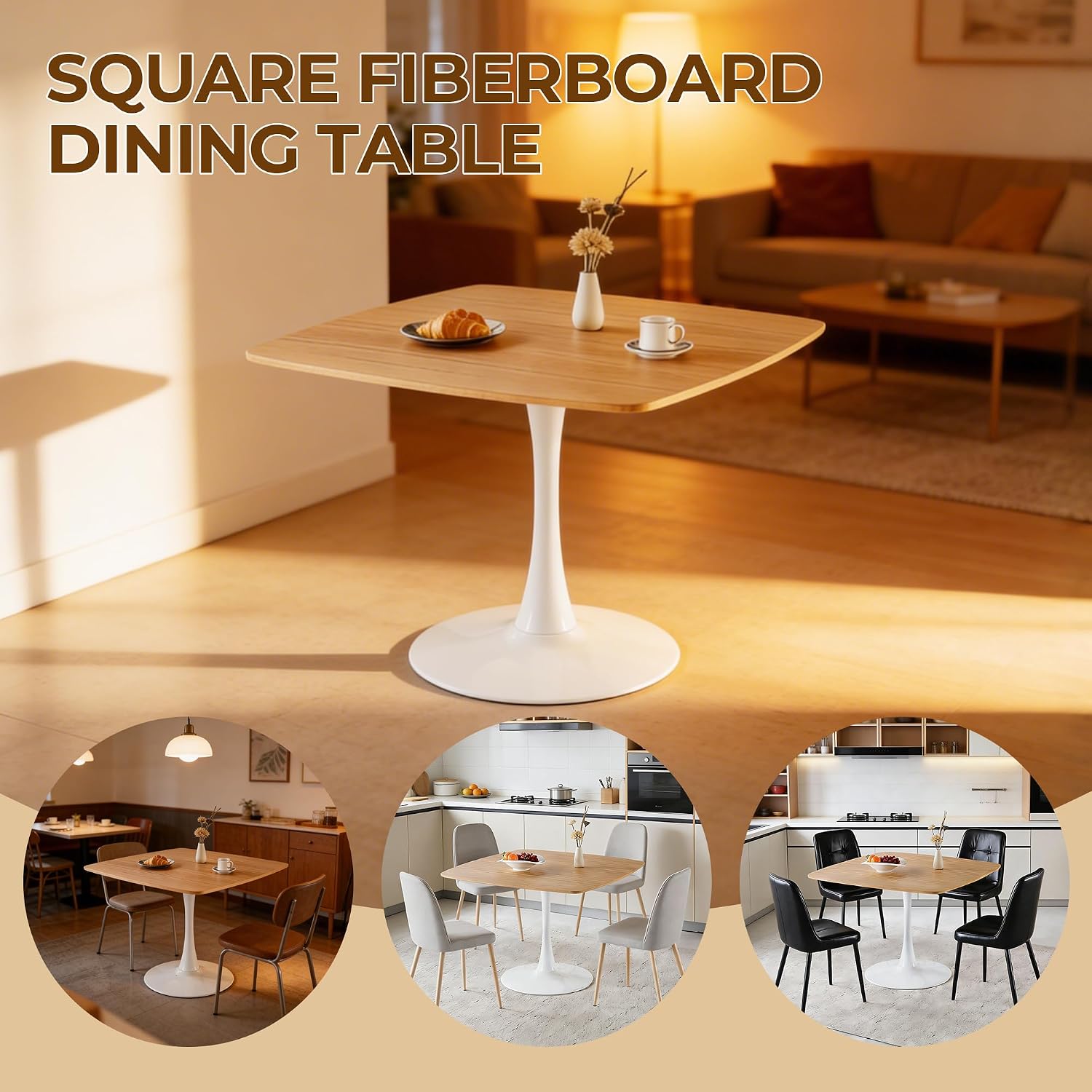 42" Natural Tulip Table, Square Dining Table for 4, Pedestal Table with Metal Base, Mid Century Bistro Table for Kitchen & Small Spaces