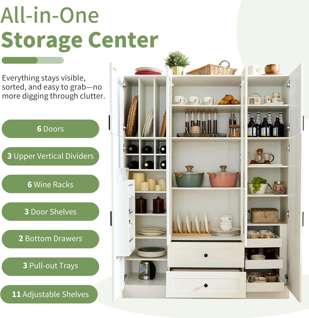roomfitters Kitchen Pantry Organizers and Storage Kitchen Cabinet, Tall Storage Hutch with Glass Doors, Wine Rack, White