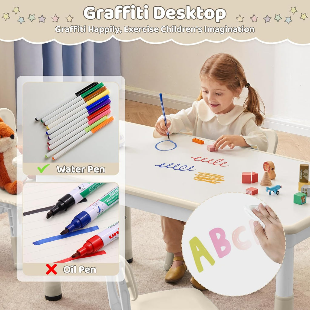 DOREROOM Kids Table and 2 Chairs Set, Height-Adjustable Toddler Table and Chair Set with Graffiti Desktop, 31.5''L x 23.6''W Children Activity Table for Daycare, Classroom, Home