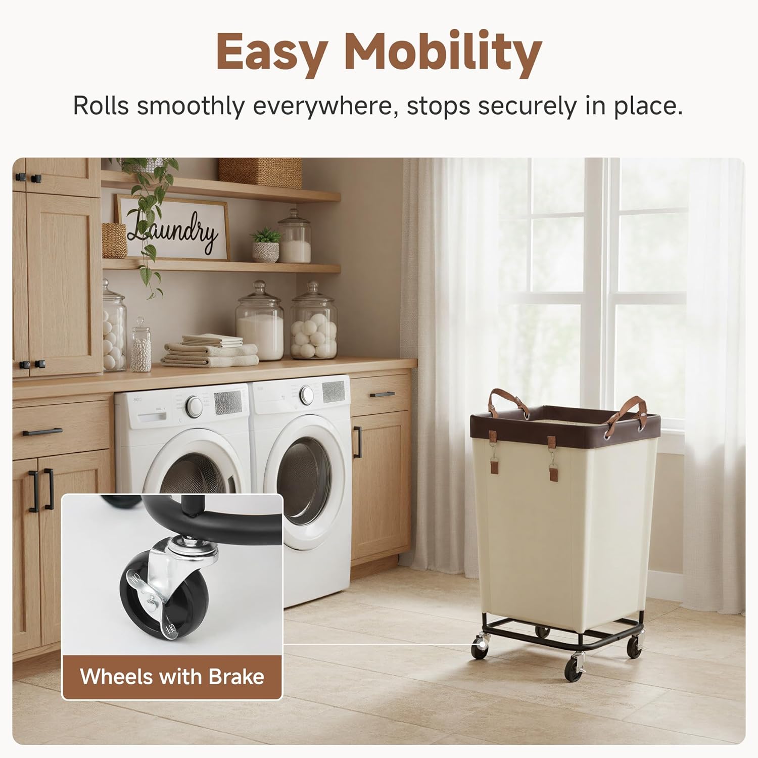 StorageWorks 160L Laundry Basket with Wheels, Large Rolling Hampers for Clothing Organizer, Dirty Clothes Basket for Hotel, Home, Closet, Dorm, Beige