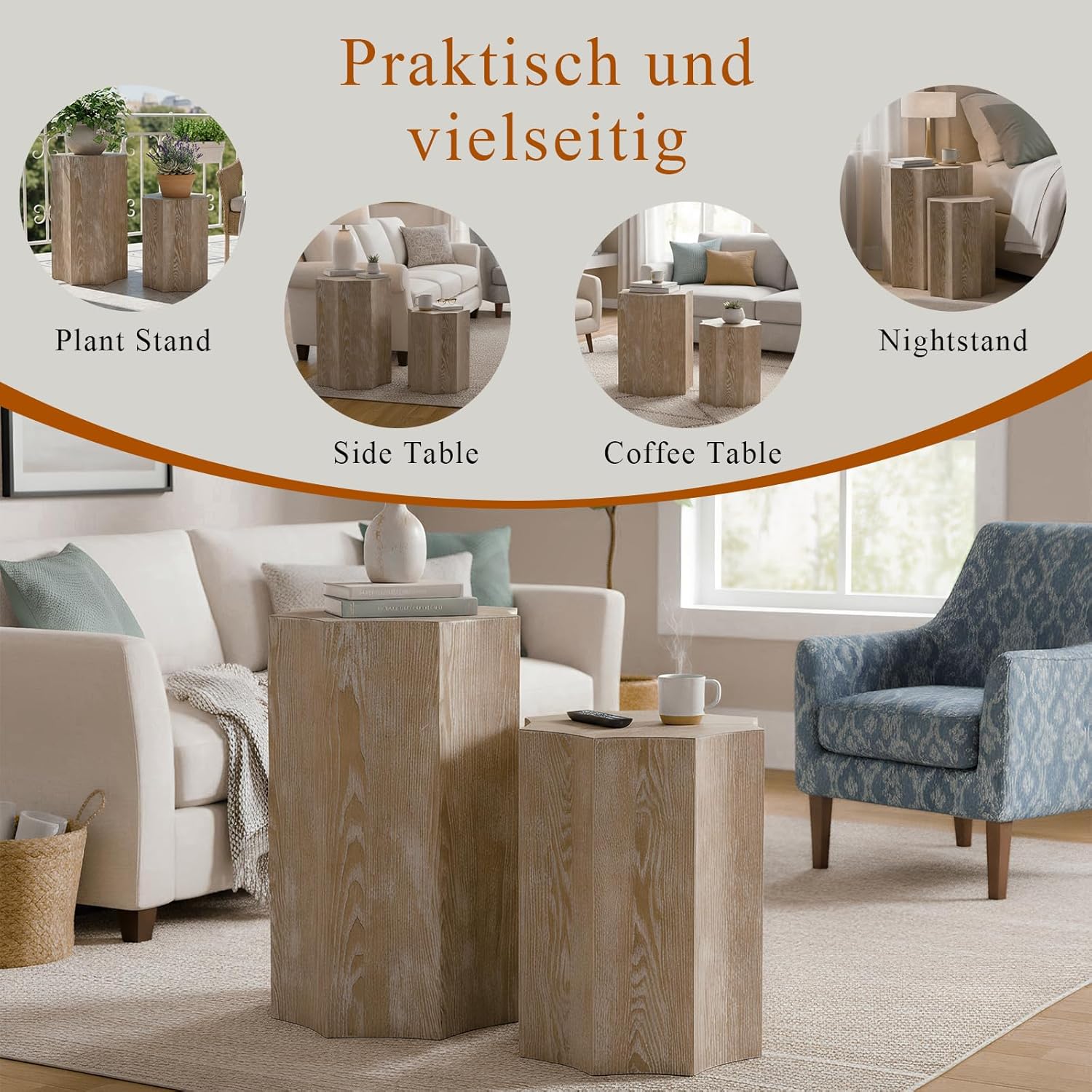 Nesting Coffee Table Set of 2,Modern Nesting Tables for Living Room,Octagonal End Table and Side Table Set,Wooden Center Table for Small Spaces,Plant Stand for Balcony,Fully Assembly,Natural Finish.