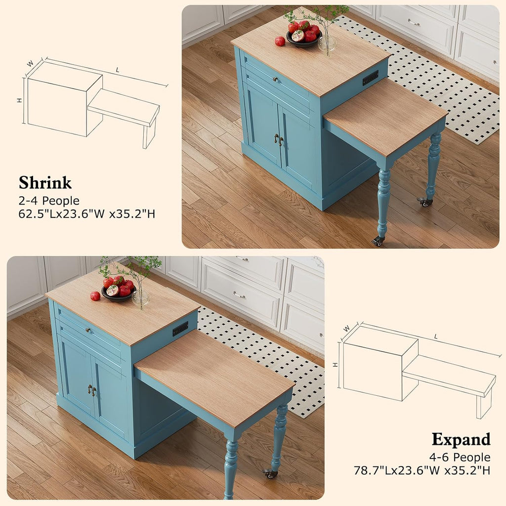 HLR 72" Kitchen Island with Extendable Table for 2-4, Island Table for Kitchen with Power Outlet and Storage Slide Out Legs, Rolling Islands Cart with 2 Doors (Blue)