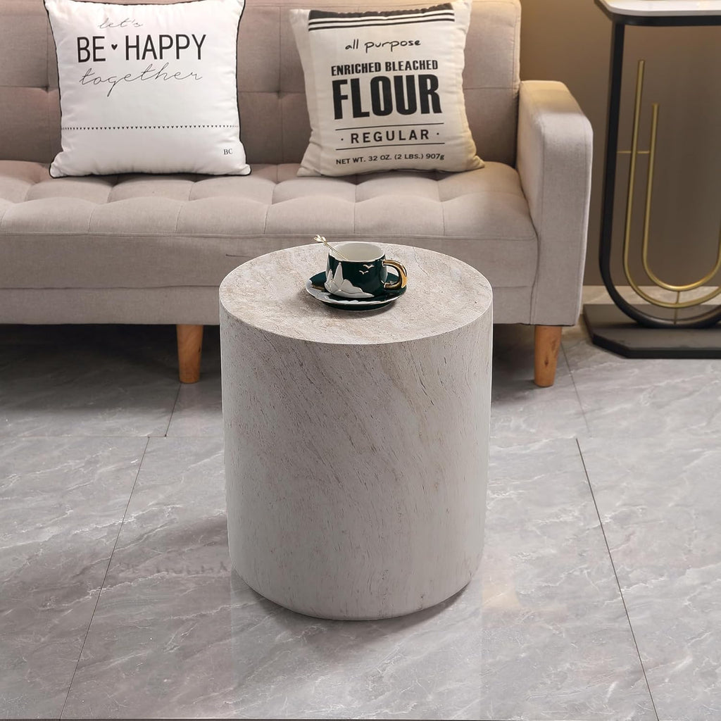 SSLine Modern Round Drum Side Table for Living Room Beige Travertine Finish Circle End Table Faux Stone Drum-Shape Accent Side Table for Home Office,Magnesium Oxide, Fully Assembled