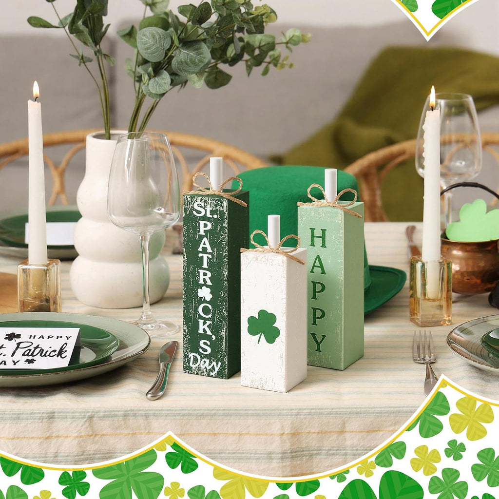 MiniInflat 3 Pcs St. Patrick's Day Table Decor Irish Tiered Tray Decor Green and White Clover Block Sign Rustic Farmhouse Wooden Tabletop Centerpieces for Home Office Kitchen Shelf Decorations