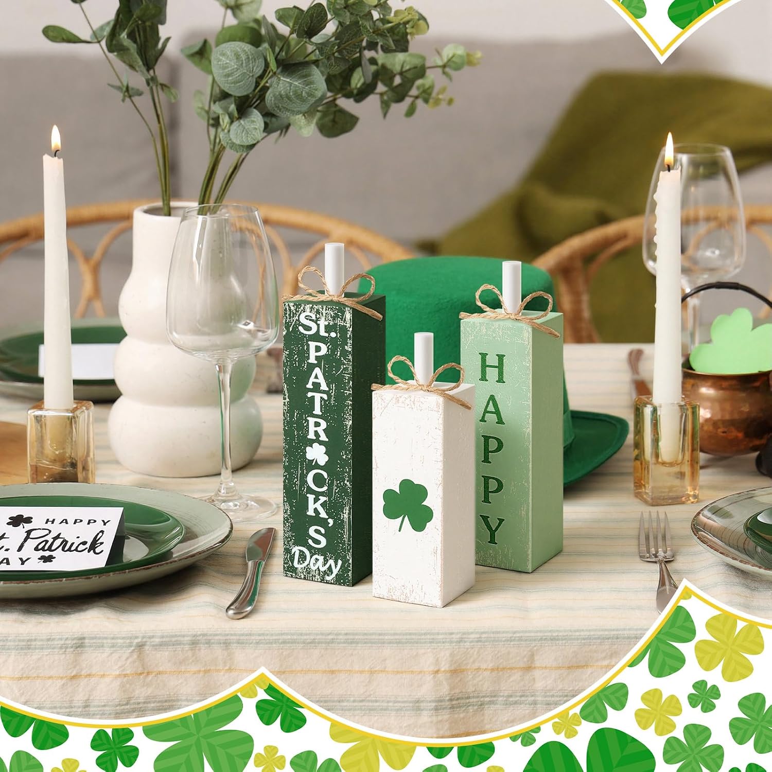 MiniInflat 3 Pcs St. Patrick's Day Table Decor Irish Tiered Tray Decor Green and White Clover Block Sign Rustic Farmhouse Wooden Tabletop Centerpieces for Home Office Kitchen Shelf Decorations