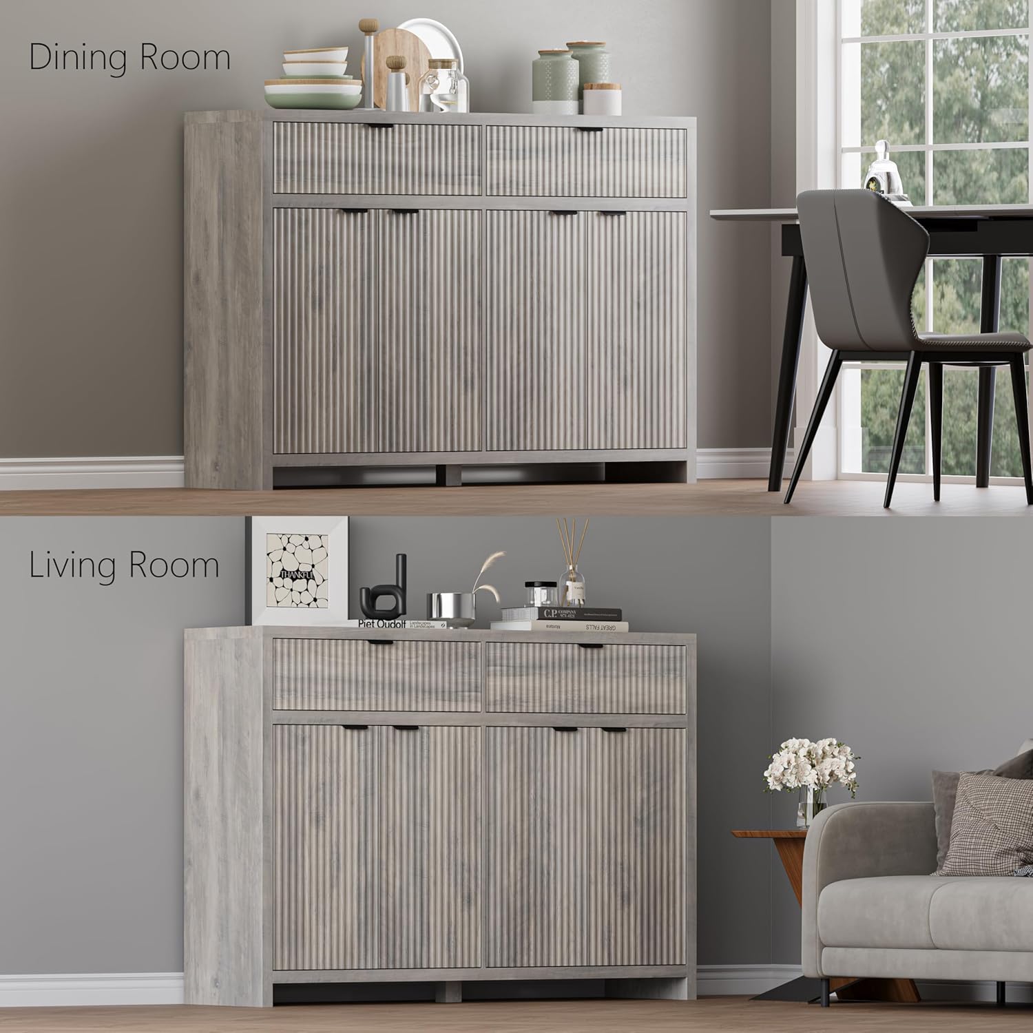 Fluted Sideboard Buffet Cabinet with Storage and Large Drawers, 55" W Credenza Storage Cabinet for Living Room or Entryway, 40'' H Farmhouse Buffet Table with Adjustable Shelves, Console Cabinet