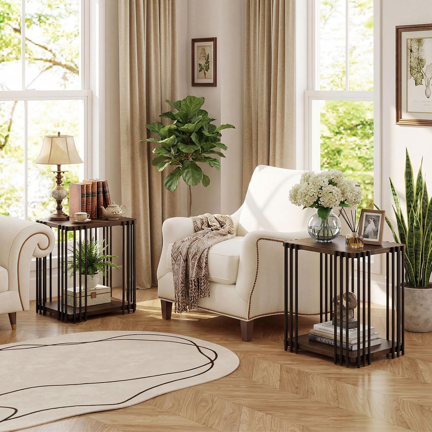 Giantex 2-Tier Wood Side Table - Narrow Sofa Couch End Table with Open Storage Shelves & Unique Metal Frame, Rustic Night Stand for Bedroom Living Room (1)