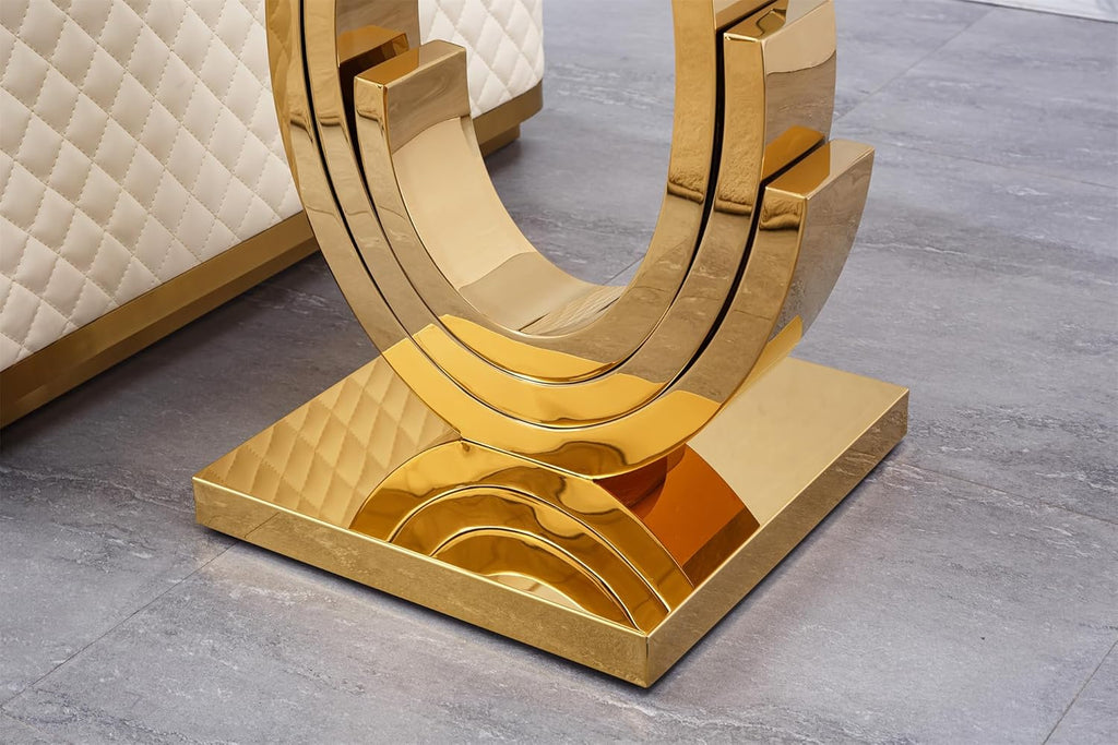 1 Piece Living Room End Table Luxury Glass Side Table, Elegant Gold End Table with Three Ring-Shape Stainless Steel Pedestal Base for Living Room Bedroom Office(1 End Table)