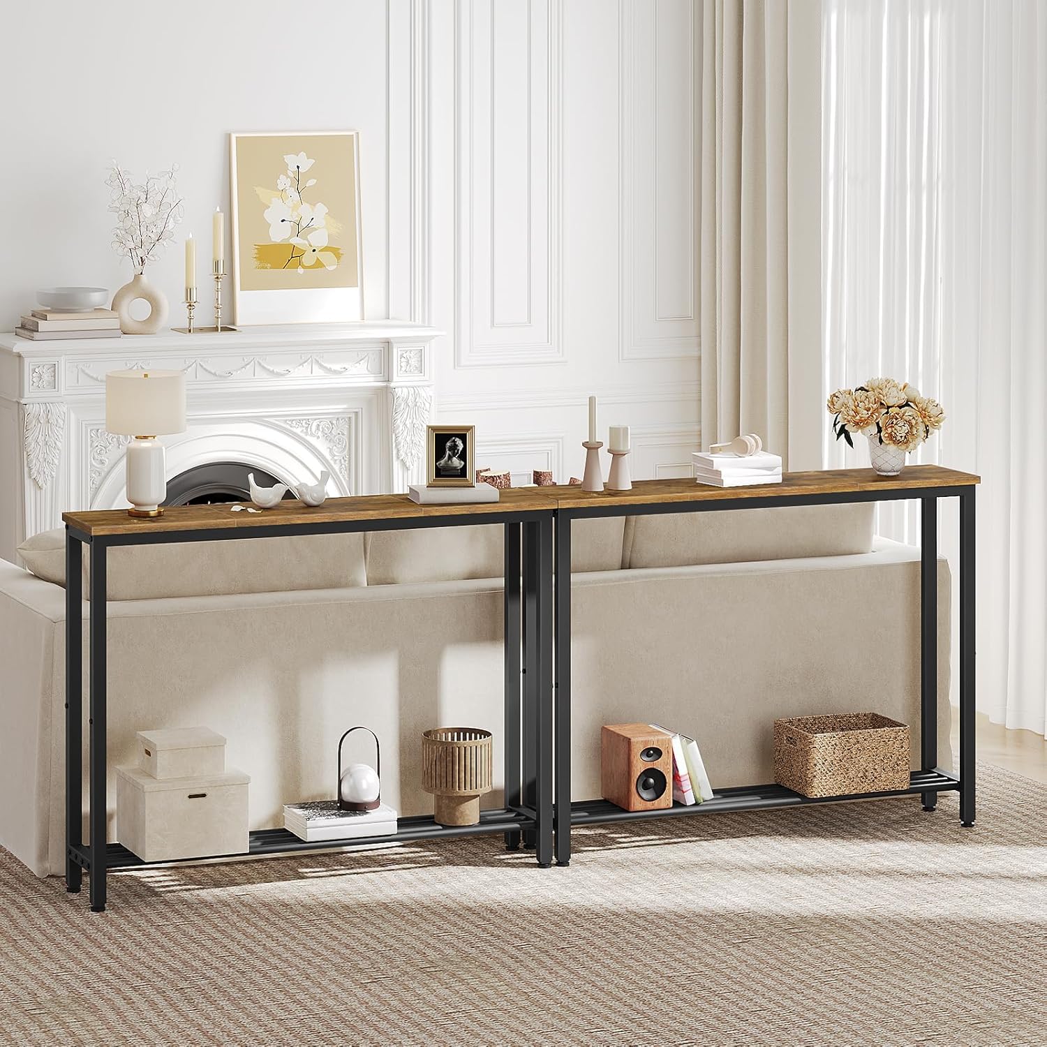 YATINEY Narrow Console Table, 2-Tier Small Sofa Table, 39.4" Thin Entryway Behind Couch Table with Shelves, Industrial Hallway Table, for Living Room, Foyer, Rustic Brown and Black CT25BR