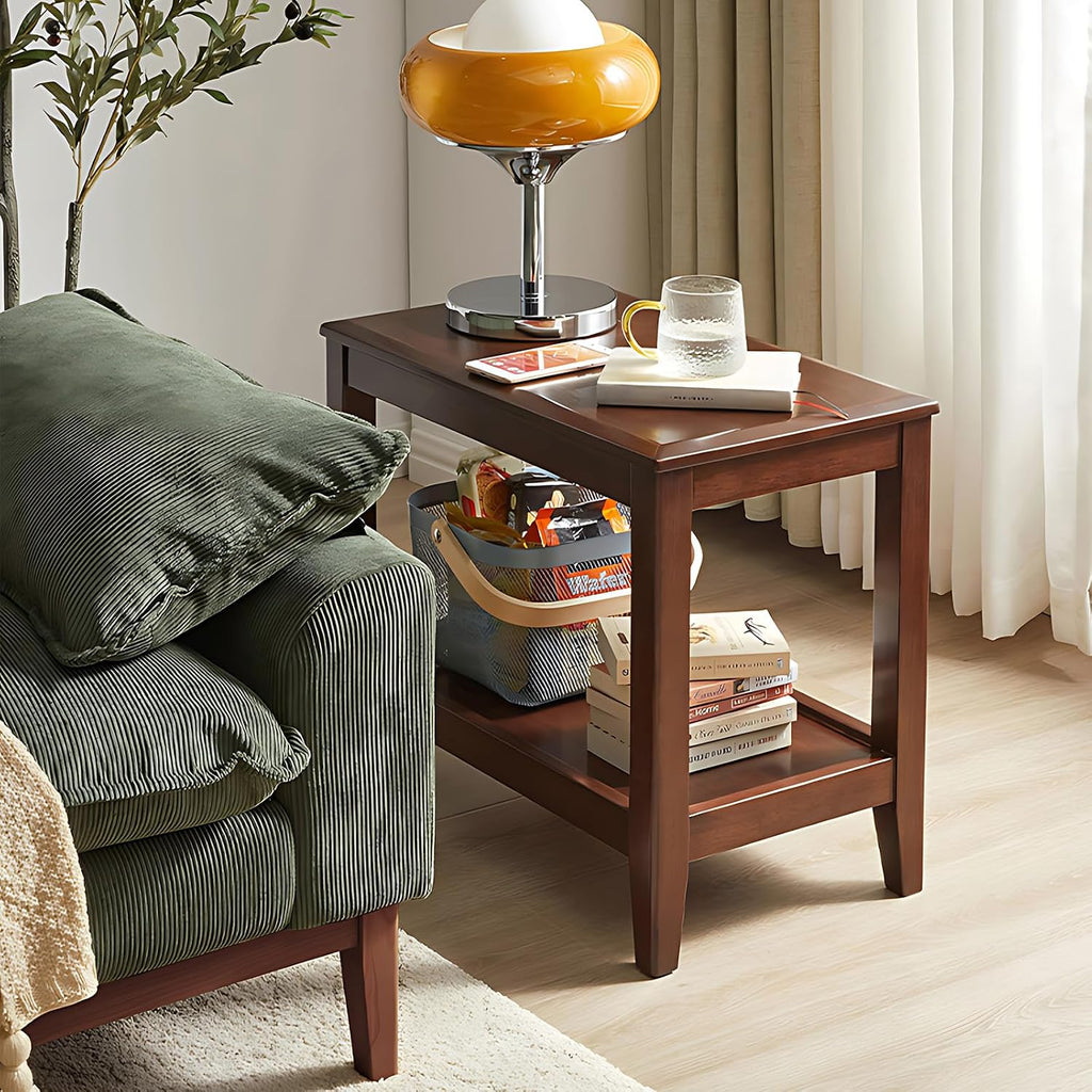 Side Table, Solid Wood Rectangular End Table with Storage Shelf, 2-Tier Coffee Table for Living Room, Rubber Wood Small Sofa Table, Nightstand 19.69 H x 13.39 W x 23.62 D Inches (Walnut)