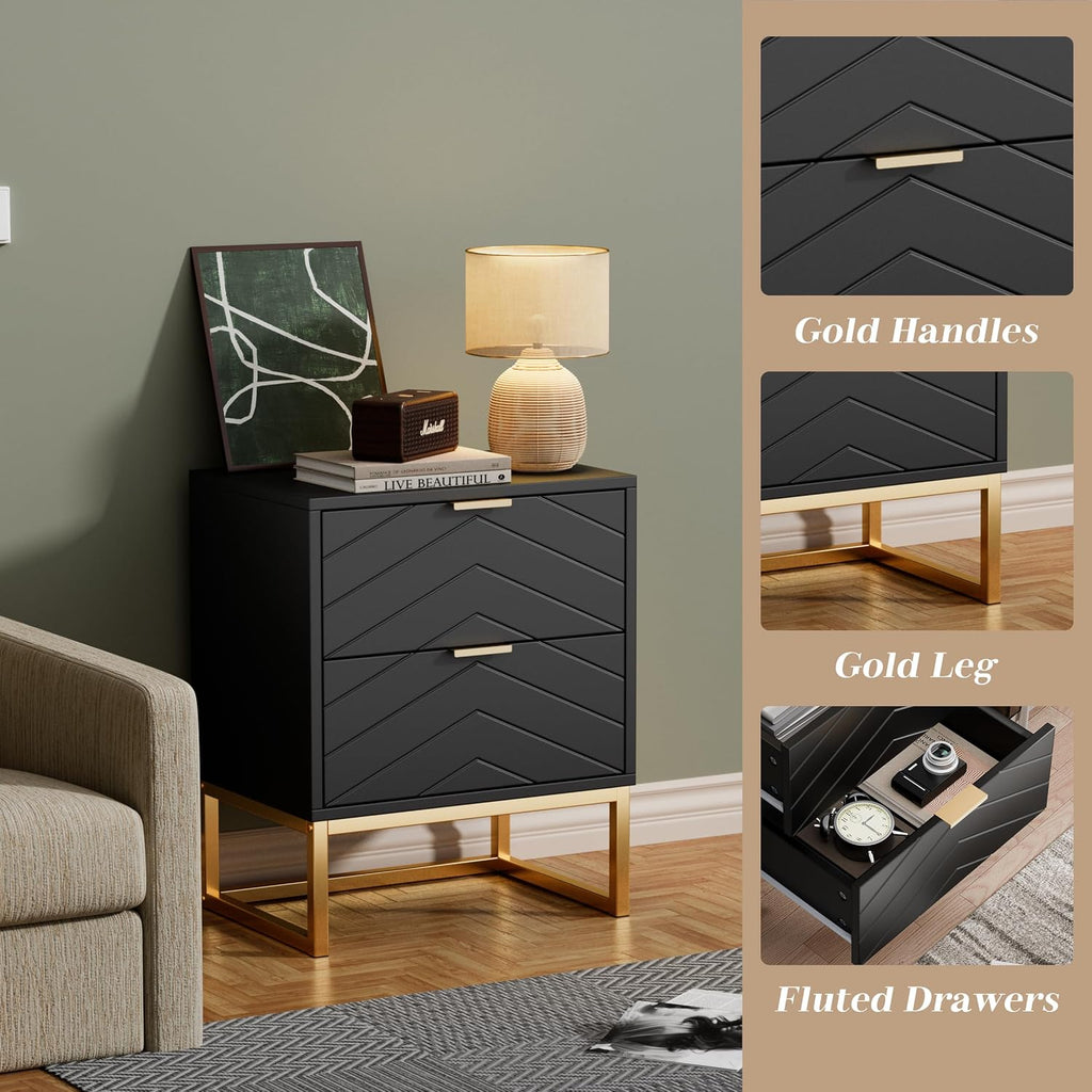 Black Nightstands Set of 2 Modern Night Stand Set 2 with 2 Drawers for Bedroom Bedside Night Tables with Gold Handles Side End Table with Gold Matel Legs